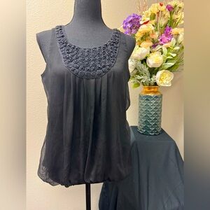 21 Smocked Black Top beading & decorative neckline trim, elastic at waist Size M